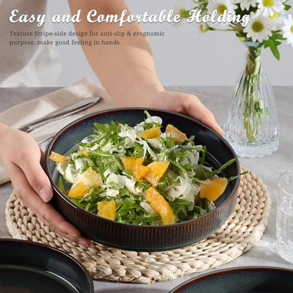 E-far Pasta Bowls Set of 4, 35oz Large Salad Bowl Plate for Dinner Serving, Wide & Shallow Ceramic Stoneware Pasta Plates, Microwave & Dishwasher Safe, Reactive Glaze Textured Stripes, Blackish Green - color: Blackish Green