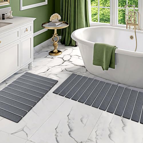 2 Pack Stone Bath Mats Foldable Non-Slip Quick Dry Bathroom Rugs | Gray Super Absorbent Diatomaceous Earth. Folds Flat for Compact Storage. Easy to Clean. Sandpaper Included for Stain Removal - color: Grey, size: 15×24" + 15×32" Rug + 2 × Non-slip Mat