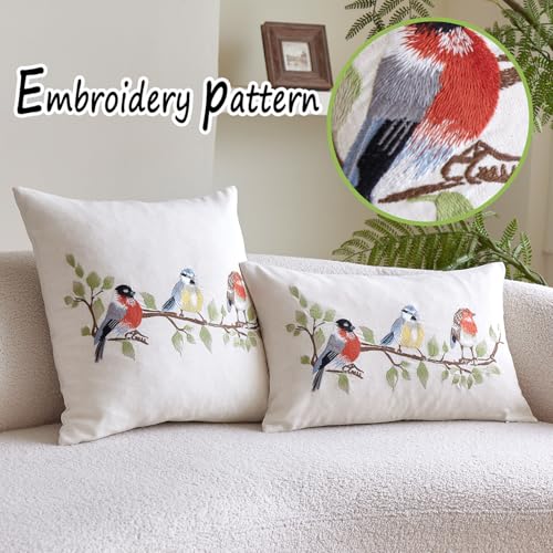 1PS Three Birds Branch Embroidery Craft Throw Pillow Cover, Natural Linen Fabric Decorative Cushion Cover, No Insert for Farmhouse Sofa Home Decor (Beige, 45x45cm) - size: 17.7" x 17.7" (Pack of 1)
