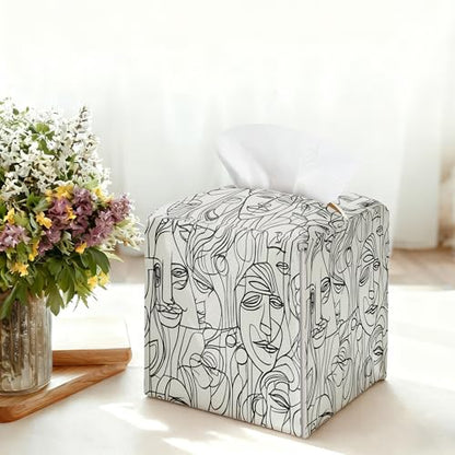 Abstract Line Art Tissue Box Holder, Modern Black White Faces Leather Tissue Box Cover Square, Paper Napkins Everyday Dispenser for Bathroom Night Stands Kitchen Office Car Home Decor