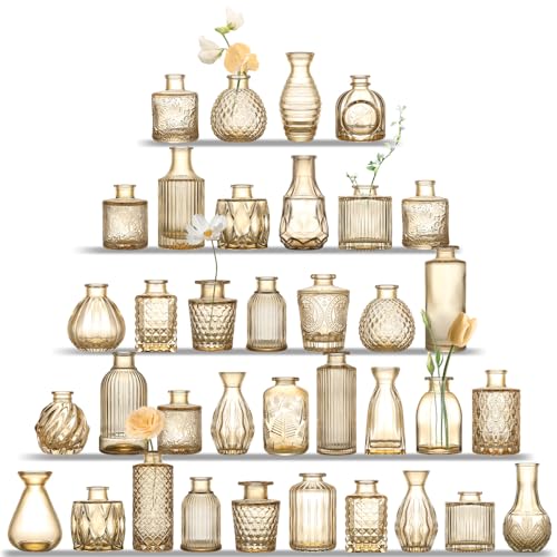 UPBUD Gold Glass Bud Vases Set of 36, Mini Flower Vase for Centerpieces, Small Amber Bud Vases in Bulk for Wedding Decorations, Vintage Vase for Table, Recepetion, Home Décor - color: Standard-gold Amber, size: 36pcs