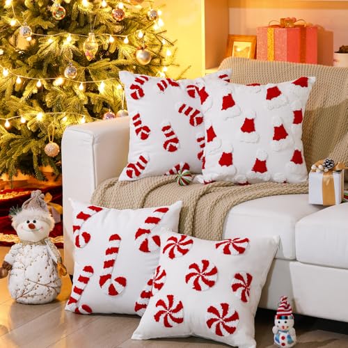 Fourluoo Christmas Trees Pillow Covers 18x18 Inch Double Sided Foil Plush White Red Green Soft Plush Faux Fur Christmas Throw Cushion Case for Sofa Living Room (4 Pcs, Candy Can, 18"×18") - style: Candy Can