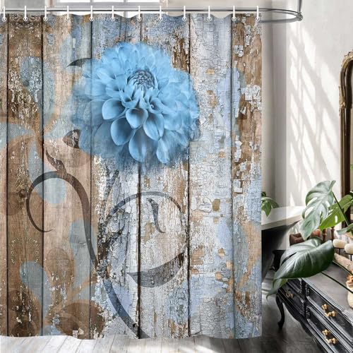 JAWO 4 Piece Blue Dahlia Dahlia Flower on Rustic Wooden Plank Country Style Shower Curtain Sets with Non-Slip Rugs, Toilet Lid Cover and Bath Mat, Shower Curtain with 12 Hooks - color: Blue, size: 5'10" x 5'10" (Rectangular)