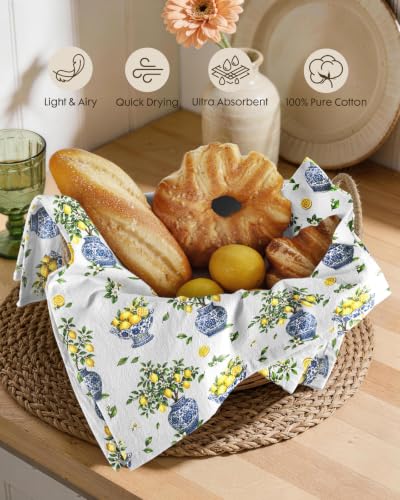 Flour Sack Kitchen Towels Set of 2, 18x26 Inch, Lemon Vase | 150GSM Cotton, Lint-Free, Quick Dry, Hanging Loop, Lightweight Tea Towels, French Home Decor, Chinoiserie, Housewarming Gift - color: Lemon Vase