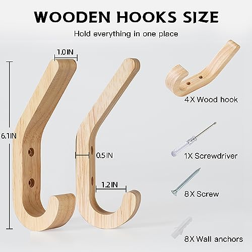 Natural Wood Wall Hooks,4 Pack Wall Mounted Wooden Coat Hooks,Modern Decorative Wooden Peg Hook for Entrance Wall,Heavy Duty Bag Hanger Hooks for Hanging Coats,Key,Towels,Purse(Oak Wood)