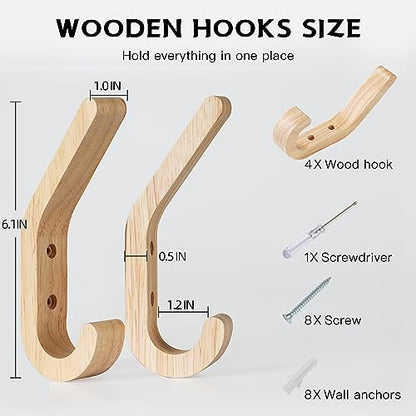 Natural Wood Wall Hooks,4 Pack Wall Mounted Wooden Coat Hooks,Modern Decorative Wooden Peg Hook for Entrance Wall,Heavy Duty Bag Hanger Hooks for Hanging Coats,Key,Towels,Purse(Oak Wood)
