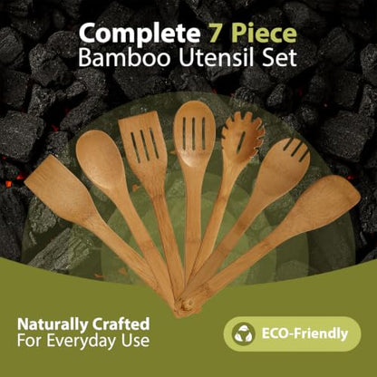 7PCS Carbonized Bamboo Wooden Spoons for Cooking Set, Premium Kitchen Utensils for Nonstick Cookware, Durable Wooden Cooking Tools