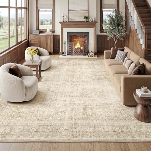 FMFUNCTEX 6x9 Washable Beige Vintage Neutral Large Area Rug for Living Room | Cream Non Slip Low Pile Soft Large Retro Distressed Traditional Faded Indoor Thin Carpet Bedroom Dining Room Nursery Office - color: Beige, size: 6' x 9' (Rectangular)