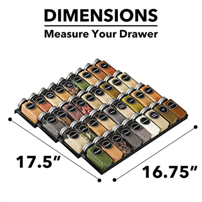 SpaceAid Spice Drawer Organizer with 36 Spice Jars, 386 Spice Labels, 4 Tier Seasoning Rack Tray Insert for Kitchen Drawers, 16.75" Wide x 17.5" Deep - size: 36 Jars, 16.75" Wide