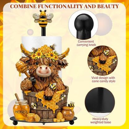 Bee Highland Cow Paper Towel Holder Sunflower Honey Kitchen Bathroom Decor Farmhouse Large Metal Highland Cow Honeycomb Towel Holder Stand with Round Base for Home Countertop Accessories - style: Honey Bee