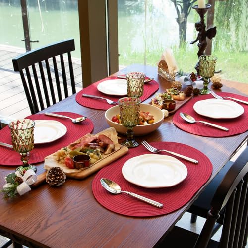 Placemats Set of 8, Woven Oval Braided Dining Table Mats(Red) | 12 x 17.5 Inch Size Fits Plates and Flatware; Hand Washable and Heat Resistant for Kitchen Use, with Farmhouse and Boho Style - color: Red, size: 8 pcs