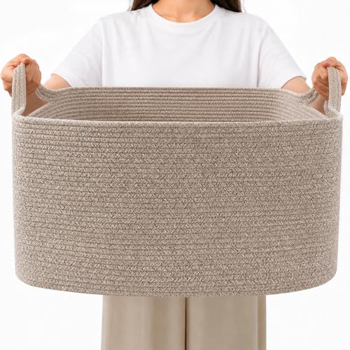 65L Large Laundry Basket with Handles,Woven Blanket Basket,Brown | 21"×16"×12" Collapsible Cotton Rope Storage Basket for Toys Clothes & Pillows, Nursery, Bathroom, Bedroom, Living Room - color: Brown, size: 65L