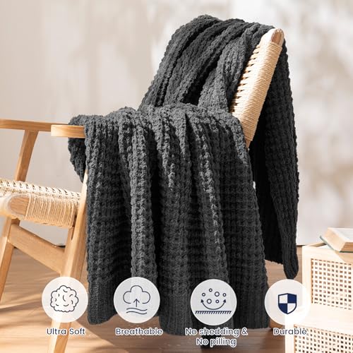 PHF Chenille Waffle Knit Throw Blanket- Plush Warm & Cozy 50" x 60" Ultra Soft Blanket- Chunky Fluffy Waffle Throws for Couch Bed Sofa - Charcoal Grey - color: Charcoal, size: Throw(50"X60")