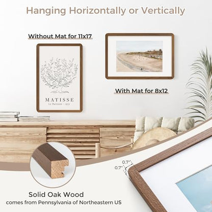 11x17 Picture Frame | Solid Oak Wood 17x11 Poster Frame | 11 x 17 Picture Frame With Mat For 8x12 | Tempered Glass And Hanging Hardware Included | 11 by 17 Photo Frame Wood (Walnut, 1 Pc) - color: Walnut, size: 11''x17''-1p