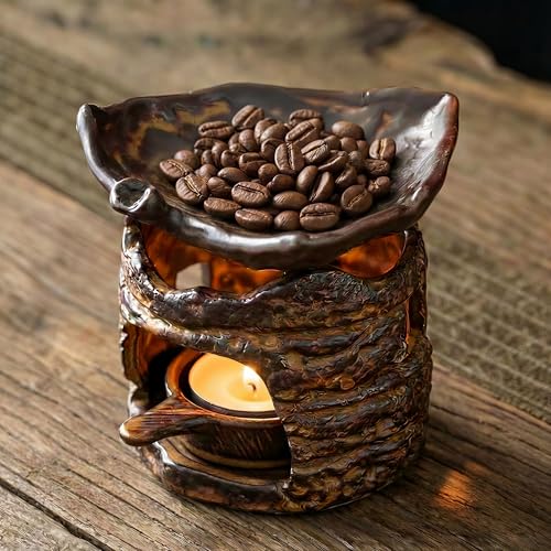Ceramic Aromatherapy Stove Essential Oil Burner, Woodland Zen Herb Burner, Wax Melt Warmer Tea Light Candle Holder, Handmade Retro Teapot Warmer for Home Office Fragrance & Meditation Decor