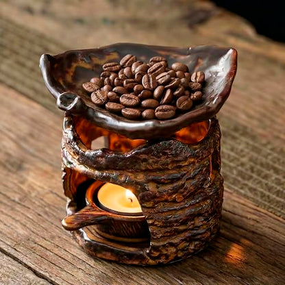 Ceramic Aromatherapy Stove Essential Oil Burner, Woodland Zen Herb Burner, Wax Melt Warmer Tea Light Candle Holder, Handmade Retro Teapot Warmer for Home Office Fragrance & Meditation Decor