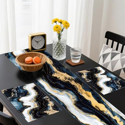 WADORN Marble Texture Abstract Table Runner and Placemats Set of 6, Black White Gold Ink Marble Texture Kitchen Dinning Table Decoration Abstract Modern Art Dining Settings for Home Kitchen Party - size: Marble Texture