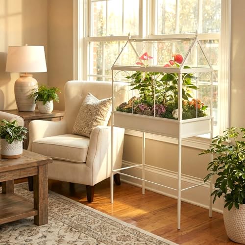 H Potter Freestanding Wardian Case Terrarium, Large | Metal and Glass, Indoor Greenhouse Display Cabinet, Victorian Plant Stand, Gable Roof, 48 Inch Tall - size: Large