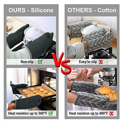 KEGOUU Oven Mitts and Pot Holders 6pcs Set, Kitchen Oven Glove High Heat Resistant 500 Degree Extra Long Oven Mitts and Potholder with Non-Slip Silicone Surface for Cooking (Deep Green) - color: Deep Green