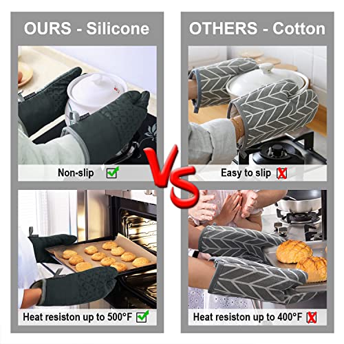 KEGOUU Oven Mitts and Pot Holders 6pcs Set, Kitchen Oven Glove High Heat Resistant 500 Degree Extra Long Oven Mitts and Potholder with Non-Slip Silicone Surface for Cooking (Deep Green) - color: Deep Green