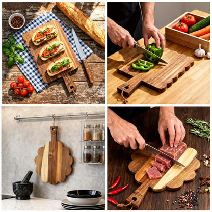 2 Pcs Acacia Wood Scalloped Cutting Chopping Board with Handle Decorative Cutting Boards for Kitchen Charcuterie Serving Tray Prep, Meat, Cheese, Bread, Fruit (with Hanging Rope & Holder)