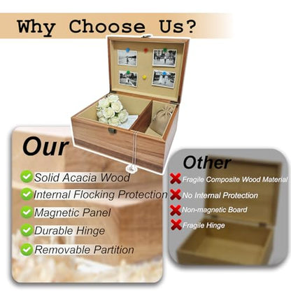 Wooden Keepsake Box, Large Acacia Storage Box with Magnetic Photo Display,Decorative Wooden Box with Felted Protection,Memory Storage Box for Photos,Letters,Jewelry,Crafts,Time Capsule,11"x8.5"x5"