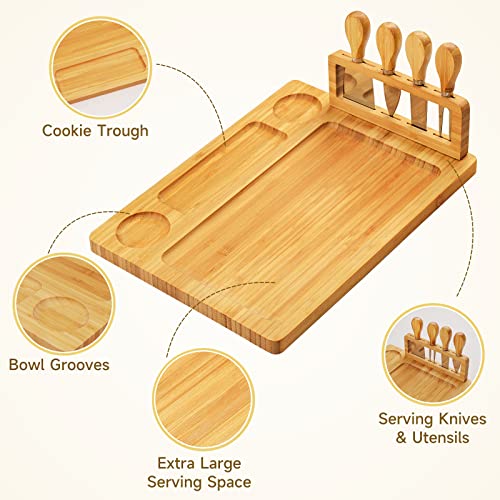 Bamboo charcuterie boards Gift Set - Serving Meat Cheese Board, Charcuterie Board Set with 4 Stainless Steel Cheese Knife, Ideal for House Warming Gifts New Home, Christmas, Bridal Shower Gift | 4 stainless steel cheese knives, serving platter. Perfect fo
