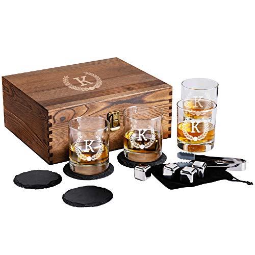 Personalized Whiskey Glasses Set in Wooden Gift Box - Includes 4 Scotch Glasses, 4 Natural Slate Coasters, 8 Chilling Stones & Tongs - Great Mens Home Bar Gift for Him, Husband, Dad