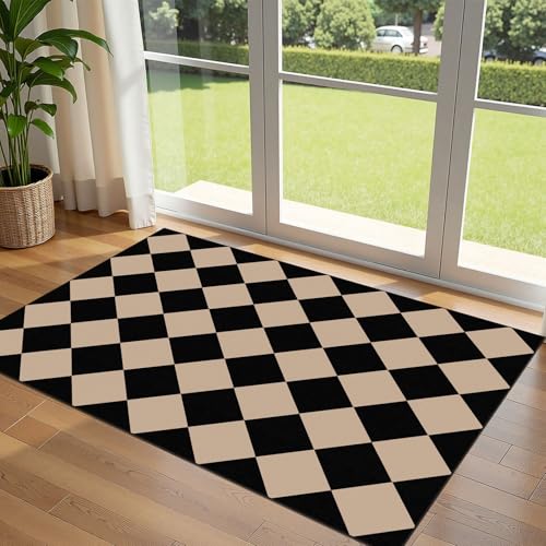 Black Tan Checkered Entry Rug - 3x5 Non-Slip Indoor Outdoor Rugs | Washable Front Door Mat Porch Rug Geometric Diamond Throw Rugs for Bedroom Entryway Kitchen Office Fall Front Porch Decor - color: Diamond - Black / Tan, size: 3' x 5' (Rectangular)