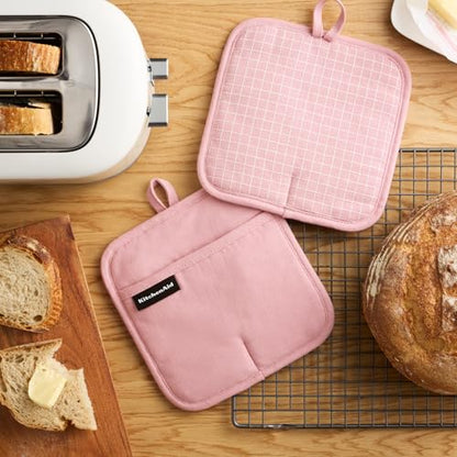 KITCHENAID Gourmet Series Gridlines Pot Holders 2-Pack Set, Heat Resistant up to 600°F, Soft Silicone Grip, Magnetic Cuff, Dried Rose, 8"x8" - color: Dried Rose