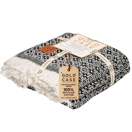 Gold Case Throw Blanket for Couch - 100% Recycled Turkish Cotton Blankets & Throws - Retro Soft Throw Blankets for Living Room - Boho Decorative Woven Couch Blanket - 60x80 - Black - color: Retro Black, size: 60x80"