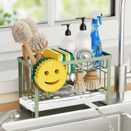 Sponge Holder for Kitchen Sink with Flexible Smiley Face, 2 Tier Kitchen Sink Organizer, Countertop and Storage Essentials, Soap Dispenser Organizer, Home Decor Accessories - Green - color: 2 Tier Green