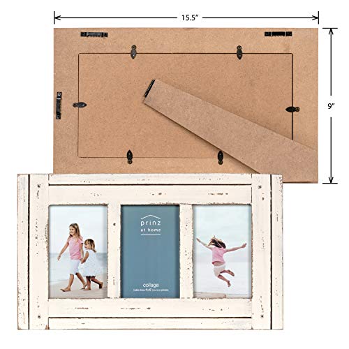 Prinz Homestead Antique White 3-Opening Collage Picture Frame 4x6 Photos - Distressed Wood Two-Way Easel Wall Tabletop Display - color: Antique White