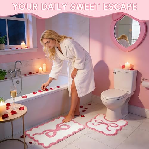 Pink Bow Bathroom Rug Set, 2-Piece Bow Bath Mat and U-Shaped Toilet Rug | Coordinated Tub-and-Toilet Styling; Scalloped Edges; Plush Microfiber; 16 X 24 In + 24 X 20 In; TPR Backing; Washable - color: Pink Bow