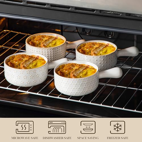 MALACASA French Onion Soup Bowls with Handles, Oven Safe Bowls Set of 4 | 20 oz 5 Inch Soup Crocks for Chilli, Beef Stew, Cereal, Pasta, Elegant Embossed, Crack Resistant Durability, Series LYDIA