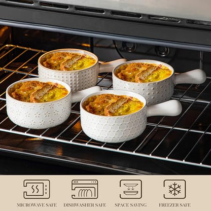 MALACASA French Onion Soup Bowls with Handles, Oven Safe Bowls Set of 4 | 20 oz 5 Inch Soup Crocks for Chilli, Beef Stew, Cereal, Pasta, Elegant Embossed, Crack Resistant Durability, Series LYDIA