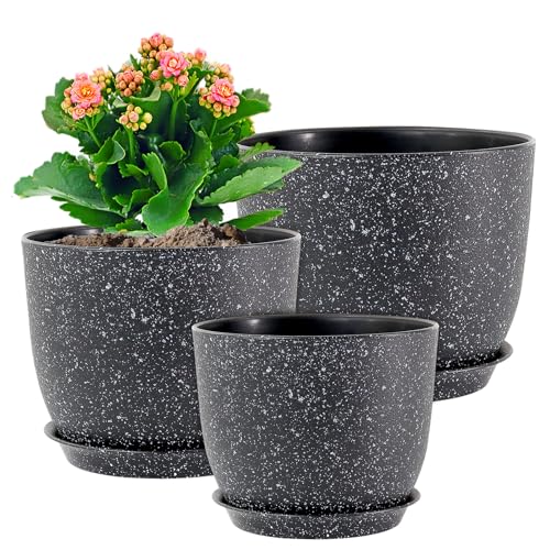 WSMKSZ Plant Pots 10/9/8 inch, Set of 3 Modern Decorative Plastic Planters with Drainage Holes and Saucers for Garden House Plants, Flower Pots for Indoor Outdoor Plants, Speckled Black - color: Speckled Black, size: 10"+9"+8"