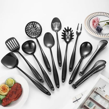 304 Stainlss Steel Matte Kitchen Utensils Set, 11 Pcs Long Metal Cooking Utensil Gadgets Tools Set with Spatula, Ladle, Spoon, Skimmer, Turner, Pasta Server, Tongs(Black, Dishwasher Safe) - size: 11Pcs-Black