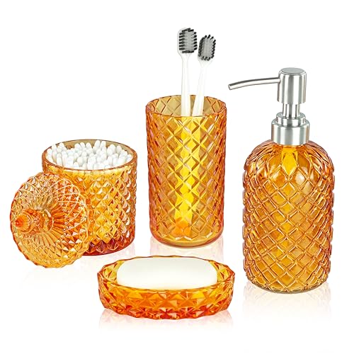 LaMarriti Orange Bathroom Accessories, 4Pcs Clear Glass Bathroom Set | Lotion Soap Dispenser, Toothbrush Holder Set, Soap Dish, Qtip Holder for Vintage Crystal Bath Decor, Burnt Orange - style: Orange