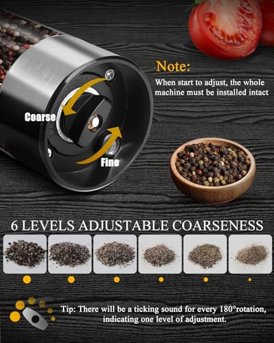 [Upgraded Larger Capacity]Electric Salt and Pepper Grinder Set Tomentific, Automatic Pepper Mills with Easy-to-Carry Dual Charging Station and Adjustable Coarseness, LED Light, Stainless Steel