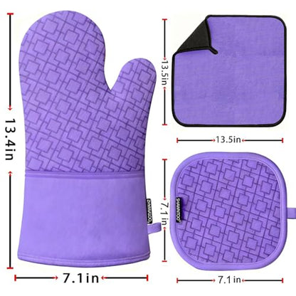 Oven Mitts and Pot Holders Sets 6pcs, Kitchen Oven Glove,High Heat Resistant 550 Degree Extra Long Oven Mitts and Potholders with Non-Slip Silicone Surface for Home Essentials (Grey) (Purple) - color: Purple