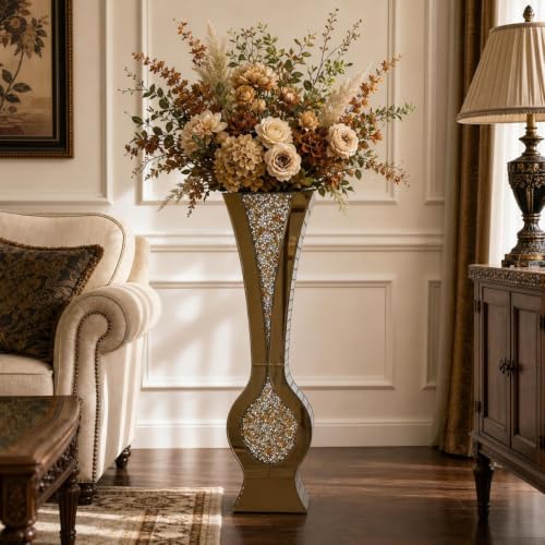 30”Double Sided Gold Mirror Crushed Diamond Floor Vase, Tall Curved Mirror Bling Flower Vase for Entryway Living Room Luxury Home Decor(Gold, 9.7" L x 5.3" W x 30" H) - color: Gold, size: 9.7" L x 5.3" W x 30" H