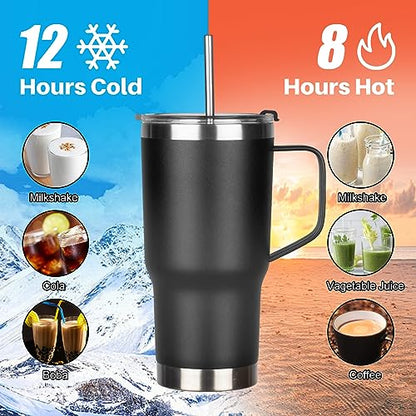 20 oz Tumbler with Handle, Stainless Steel Insulated Tumbler with Lid and Straw, Double Wall Vacuum Coffee Mug Tumbler, Insulated Coffee Thermal Cup for Cold and Hot (Black) - color: Black, size: 20 Ounces