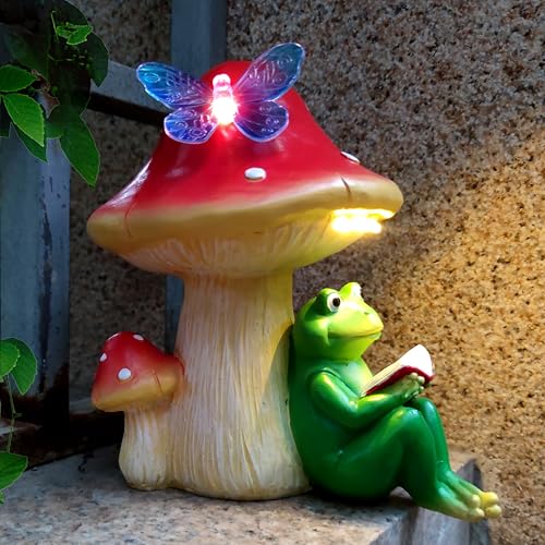 Solar Frog Mushroom Garden Statues,Statuettes of Resin Frog Mushroom Reading a Book Figurine with LED Solar Lights, Lawn Decor Outdoor Statue for Patio,Balcony,Yard,Lawn Ornament - color: Multicolor (Frog Mushroom)