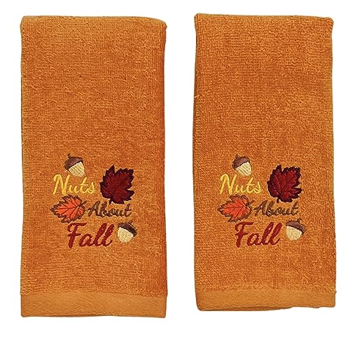 Decorative Fall Decor Fingertip Towels: Embroidered Nuts About Fall Acorns Leaves on Plush Orange, 2 Piece Set, 11" x 18" Inch Each - color: Nuts