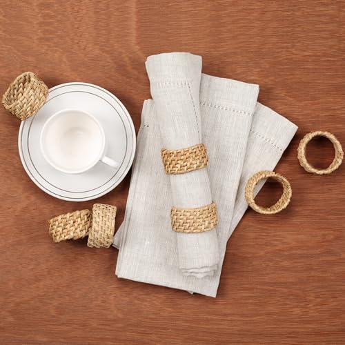 Alpha Living Home Rattan Napkin Rings, Natural, Set of 12 | Handwoven natural cane, 2 in. W x 1.25 in. H, fits cloth napkins, rustic boho style, reusable, weddings & everyday dining - color: Camel Brown, size: 12- Pack