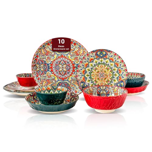 Boho 10 Pieces Dinnerware Sets, Plates and Bowls Set, Porcelain Dishes Set for 2, Microwave and Dishwasher Safe, Scratch Resistant, Bohemian Style Dining Ware, Mixed Colors of Green & Red - color: Mixed 1