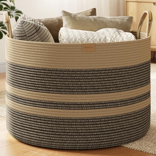 Nunsino 115L Woven Blanket Basket with Leather Handles, Cotton Rope Laundry Basket Hamper,Decorative Nursery Basket Toy Storage Basket for Kids, Living Room, Bedroom, Dark Brown Stripes - color: Dark Brown, size: 115L