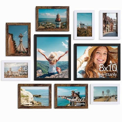 Vittanly 10 Pack Gallery Wall Frame Set, Black, Brown, White | Gallery Wall Frame Set: 2pcs 8x10, 4pcs 5x7 & 4pcs 4x6 Photos for Wall & Table, Picture Frames made of Engineered Wood - color: Black & Brown & White