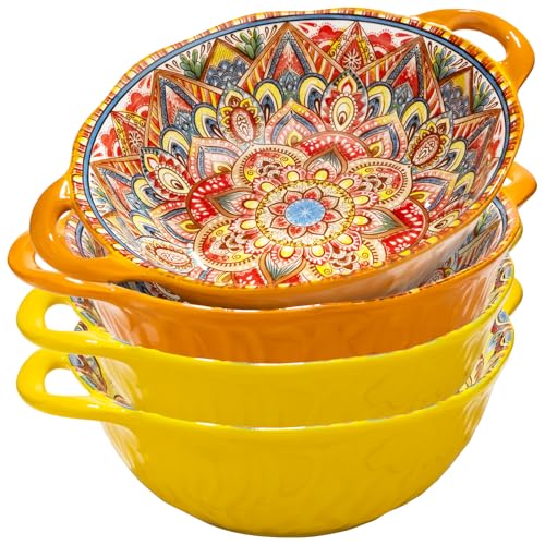 XKXKKE 4 Pack Boho Ceramic Serving Bowls with Handles, 40 Oz Porcelain Salad Bowls, Large Serving Dishes for Entertaining, Mixing Bowls for Soup, Stew, Pasta, Cereal, Colorful Embossed Cute Bowls Set - color: Orange+Orange+Yellow+Yellow